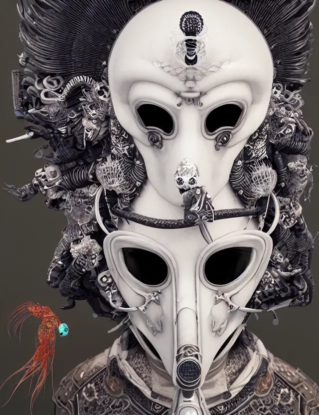 Image similar to 3 d goddess close - up profile punk portrait with vintage gas mask ram skull. beautiful intricately detailed japanese crow kitsune mask and clasical japanese kimono. betta fish, jellyfish phoenix, bio luminescent, plasma, ice, water, wind, creature, artwork by tooth wu and wlop and beeple and greg rutkowski