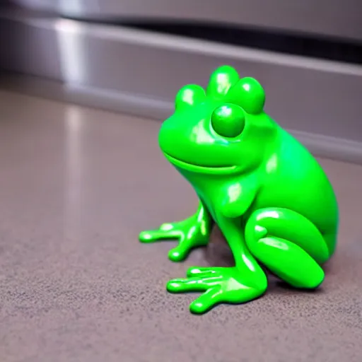 Prompt: plastic toy frog cleaning up the laundromat, pastel colors