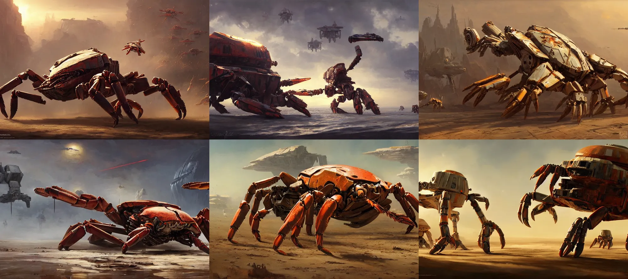 Prompt: epic scene of a mechanical crab walker, inspired by star wars, autumn season, clear and beautiful sunny weather, epic feels, high details, oil painting by greg rutkowski and craig mullins, frank frazetta, 8 k