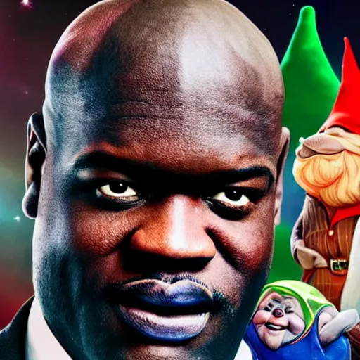Prompt: shaq in a movie poster about squeezing into gnome homes, high quality, sharp focus, 4k