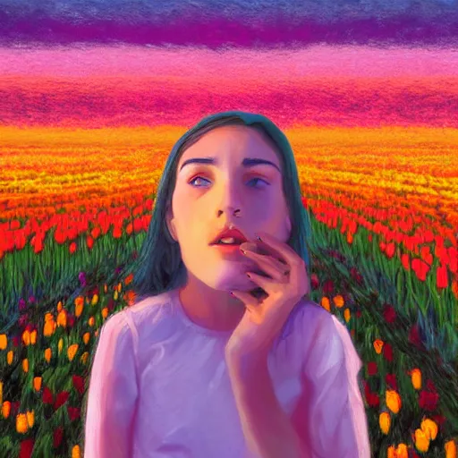 Image similar to large tulip in front of face, girl standing in a flower field, surreal photography, sunrise dramatic light, impressionist painting, colorful clouds, digital painting, artstation, simon stalenhag, flower face