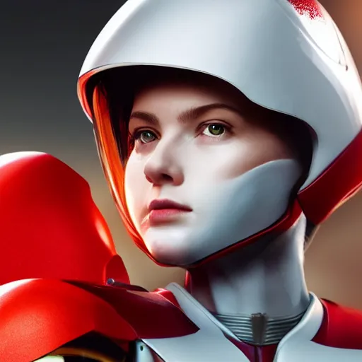 Image similar to portrait of a beautiful female soldier, no makeup, in glossy sleek white armor inspired by samus aran and a long red cape, head tilted back, determined expression, no helmet, on the surface of mars, cinematic, sci-fi, hyperrealistic, detailed