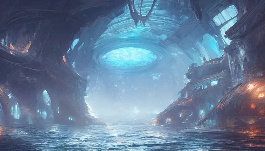 Prompt: Concept art of a luminous underwater city under a dome protecting it, hyperdetailed, artstation, cgsociety, 8k