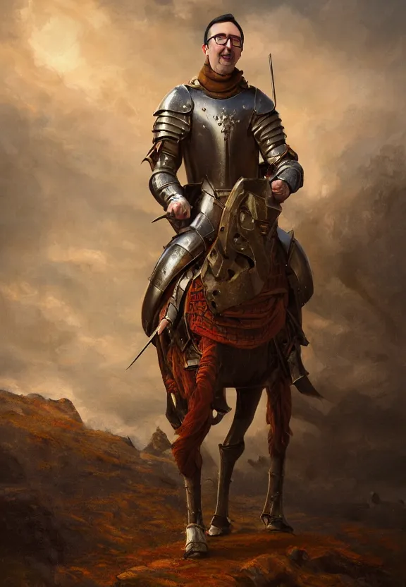 Prompt: a portrait of john oliver wearing medieval armor, castle setting, warm colors, soft lighting, atmospheric, cinematic, moody, in the style of diego koi, gina heyer, luiz escanuela, art by alyssa monk, hyperrealism, rule of thirds, oil on canvas, 8 k