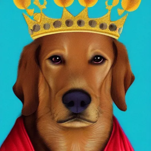 Prompt: a detailed portrait of a dog in kings robes and wearing a crown