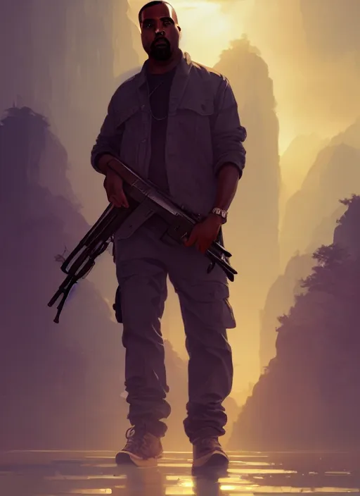 Image similar to highly detailed portrait kanye holding ak 4 7 in gta v stephen bliss unreal engine fantasy art by greg rutkowski loish rhads ferdinand knab makoto shinkai lois van baarle ilya kuvshinov rossdraws tom bagshaw global illumination radiant light detailed intricate environment