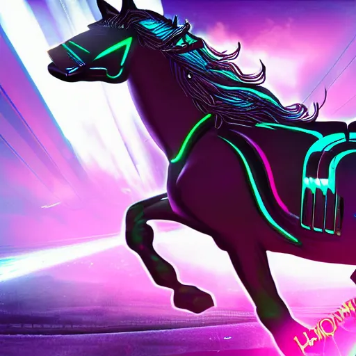Prompt: synthwave horse with digital code halo, tron style, artstation style
