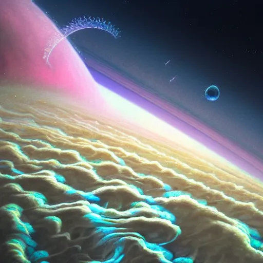 Prompt: A beautiful hyper realistic detailed painting of a cybernetic symbiosis of two gigantic quantum computers in the middle and molecule voxels of Glaucus Atlanticus iridescent metal scaffolds in orbit above the swirling billowing layered clouds of jupiter by Beksinski and beeple, deep black outer space,unreal engine,octane render, nasa images,diamond ,bismuth, zirconium,krypton,ruby, gallium,vanadium,platinum,amber,tungsten,crystals,iridescent bubble texture