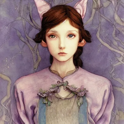 Prompt: little elf tomboy, purple tunic, soft hair. light color palate, detailed soft painting, ayami kojima, anatomically correct, inspired in balthus