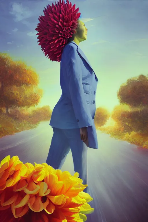 Image similar to closeup giant dahlia flower head, girl in a suit, street, surreal photography, blue sky, sunrise, dramatic light, impressionist painting, digital painting, artstation, simon stalenhag