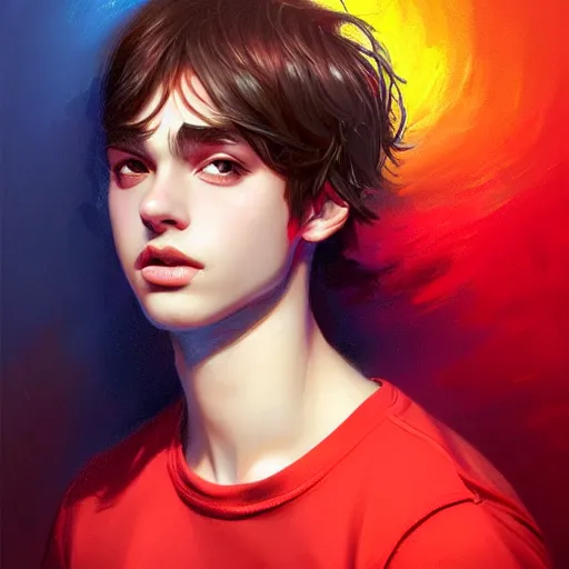 Image similar to colorful and festive captivating teenager with straight brown hair covering his eye, dark skin, big lips, big eyes, wearing a red t - shirt. rich vivid colors, ambient lighting, dynamic lighting, 4 k, atmospheric lighting, painted, intricate, highly detailed by charlie bowater