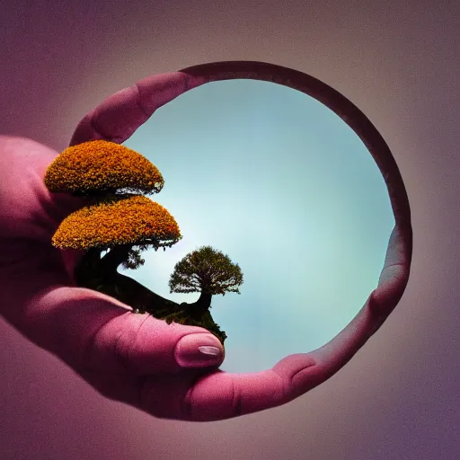 Image similar to A picture of a planet of various flowers, fungus and plants, Bonsai , in which the human figure is dressed in something magical and impressive, inside the picture is infinity, muted light, BotanicalAtmospheric phenomenon, artistic photography, muted colors, conceptual, Kodachrome