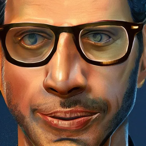 Prompt: Portrait of a Jeff Goldblum in GTA V , art by Albert Bierstadt and James Gurney, highly detailed, digital painting, matte painting, concept art, illustration, oppressive lighting, trending on artstation, very detailed