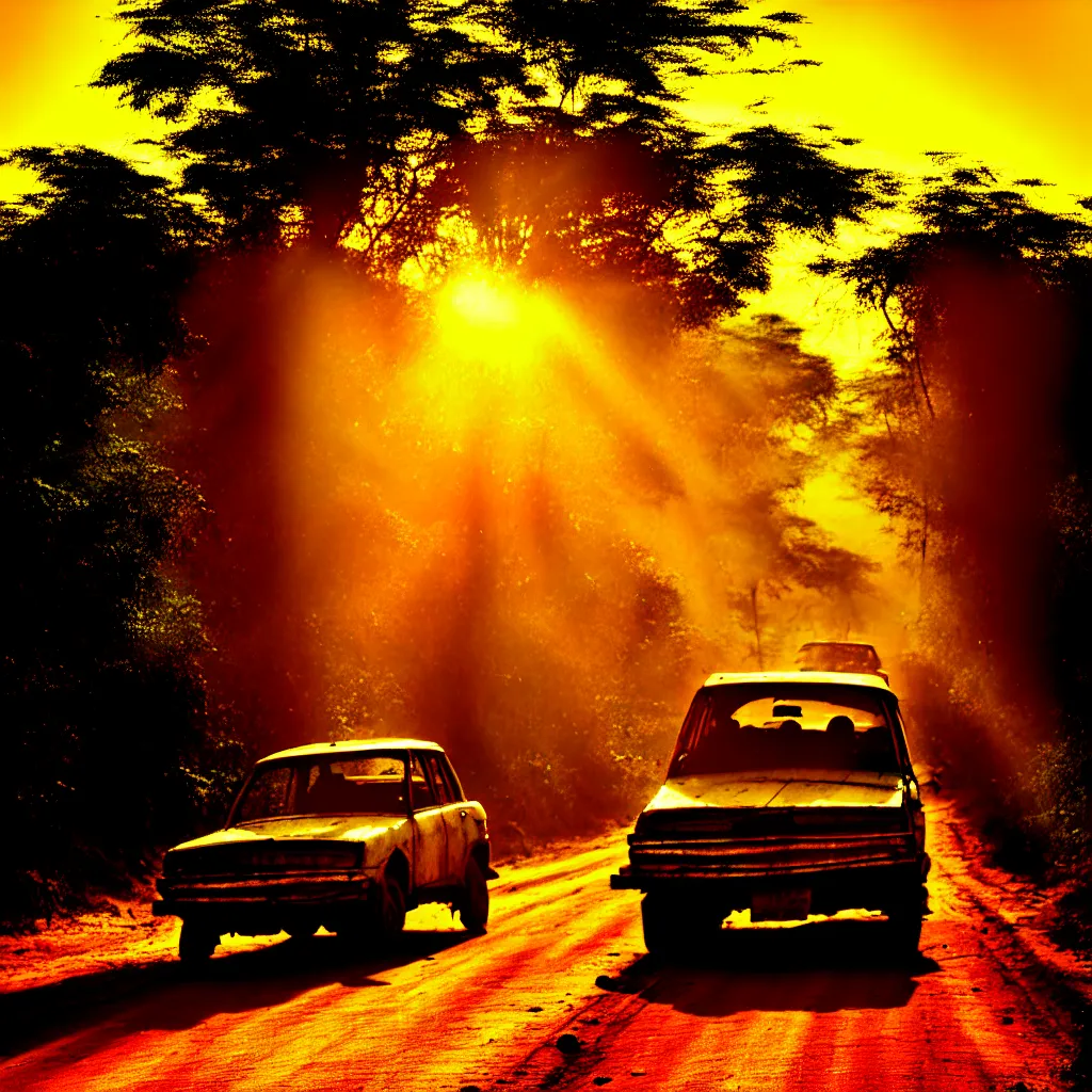 Prompt: bollywood car, on a dusty road, under a setting sun, with a dense jungle