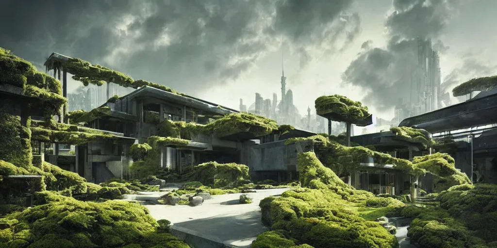 Image similar to concrete architecture with moss and ivy growing all over, futuristic, late afternoon light, dramatic clouds in a blue sky, by frank lloyd wright and greg rutkowski and ruan jia