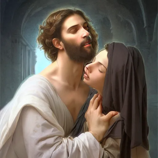 Prompt: jesus kissing a maria maddalena, elegant, highly detailed, digital painting, artstation, concept art, matte, sharp focus, highly detailed, 4 k, hdr, smooth, sharp focus, high resolution, award - winning photo, photorealistic, art by artgerm and greg rutkowski and alphonse mucha, large shot