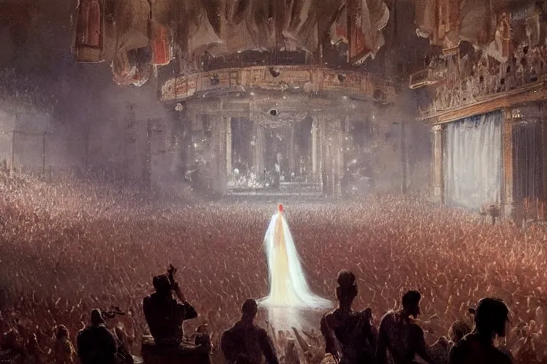 Prompt: Painting by Greg Rutkowski, hundreds of spectators look at an illuminated girl in a white long dress on a theater opera stage with an orchestra, view from the hall