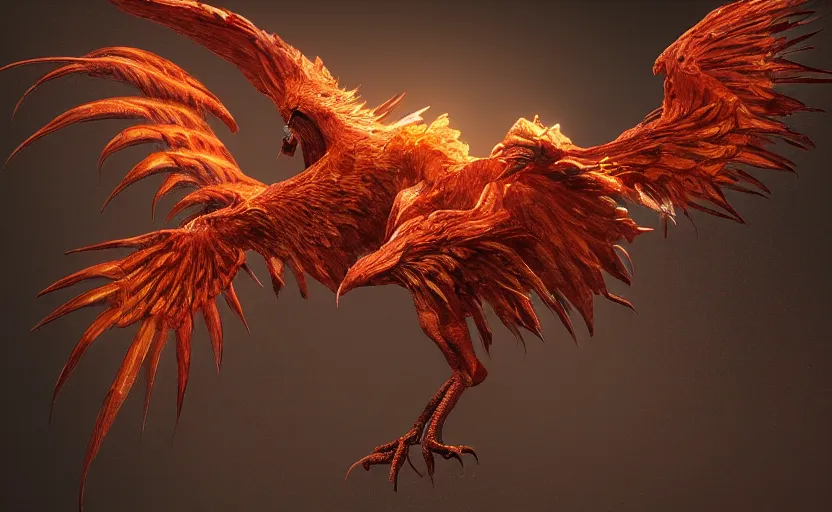 Prompt: Intricate detailed photo of dramatic phoenix bird with spread wings by James Gurney, unreal engine, Trending on artstation.