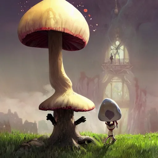 Image similar to A scary godlike fairy killing a frog. award winning. superb resolution. in the art style of junji Ito and greg rutkowski . Detailed Mushroom city in background. Hyper realistic anime. Perfect art. Dalle2