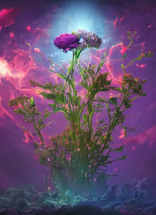 Image similar to An epic fantastic realism comic book style painting of the most beautiful entwined flowers launched across the dark galactic night sky, nebulous bouquets, fisheye lens, unreal 5, DAZ, hyperrealistic, octane render, dynamic lighting