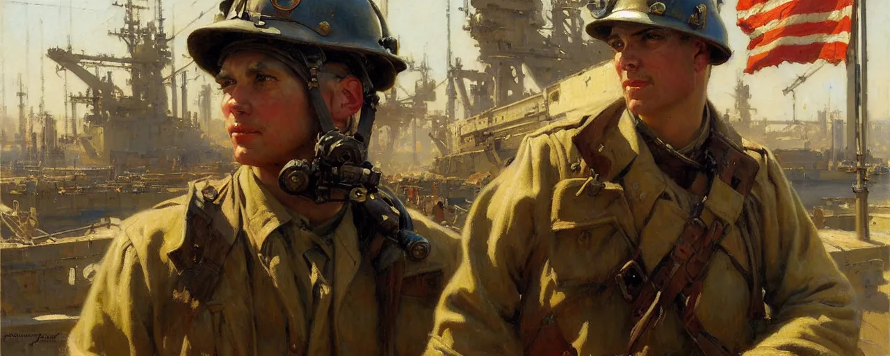 Image similar to portrait of a us soldier in shipyard dieselpunk, painting by gaston bussiere, craig mullins, j. c. leyendecker