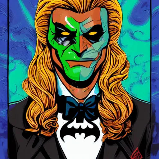 Image similar to two face with long hair, batman villian. Artwork by Dan Mumford