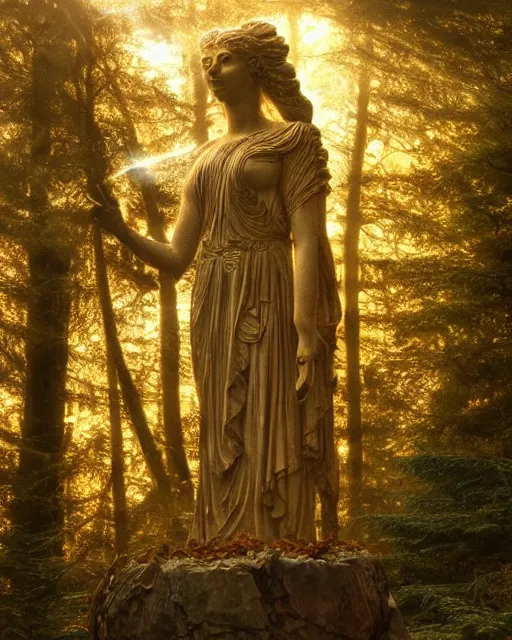 Prompt: Ancient statue of wise mushroom goddess wearing pagan clothes and leaves lost in the heart of the pristine cedar forest | dramatic light | cinematic lighting | sunshafts, volumetric lighting | golden hour | style of donato giancola