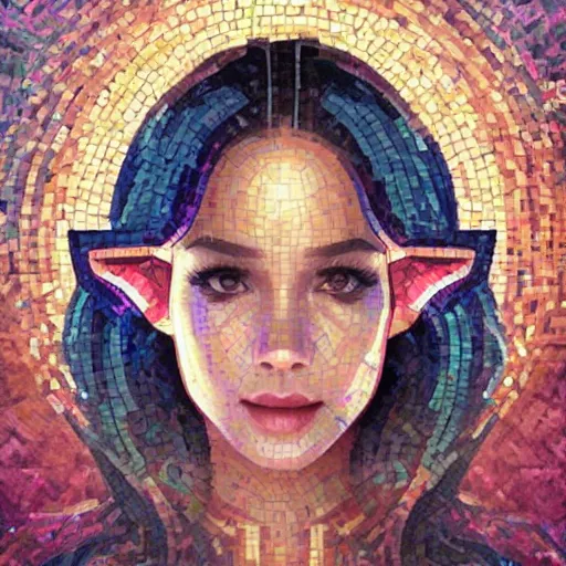 Image similar to mosaic portrait of a beautiful young girl with robot ears falling into the universe by Ross Tran, 4k, intricate details