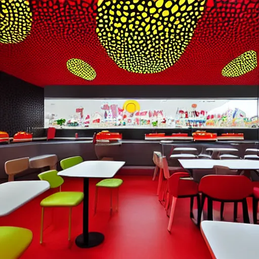 Image similar to mcdonalds interior designed by Yayoi Kusama,