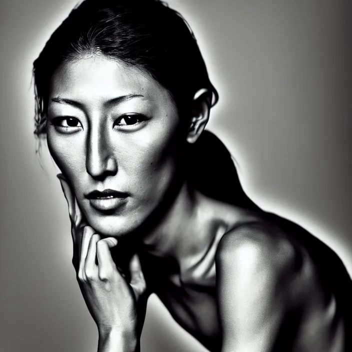Prompt: photography face portrait on a tropical background of a beautiful woman like dichen lachman, black and white photography portrait, skin grain detail, high fashion, studio lighting film noir style photography, by richard avedon, and paolo roversi, nick knight, hellmut newton,