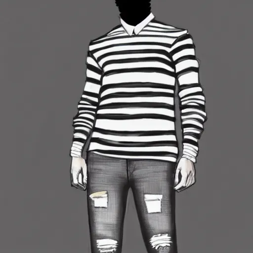 Prompt: professional pencil sketch of a full-body view of a stylish young adult man with short hair wearing a black face mask, a striped long-sleeved shirt, and ripped skinny jeans, high quality, HD, 8K, highly detailed, award-winning