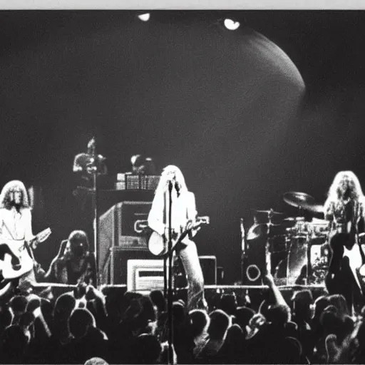 Prompt: young Led Zeppelin, 1969 Led Zeppelin live at Lollapalooza 1994, VHS quality, live in concert, concert footage