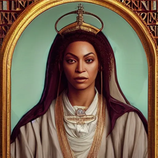 Prompt: Beyonce as the pope, headshot, painted renaissance character portrait, highly detailed, painting, artstation, sharp focus, art by artgerm and greg rutkowski and alphonse mucha and magali villeneuve 4k ultra octane super realistic