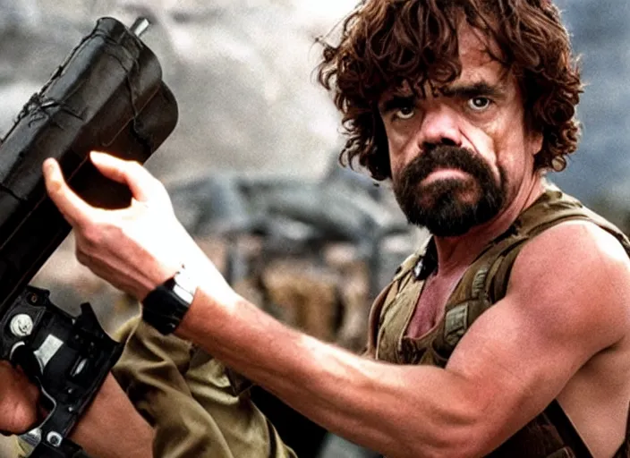 Image similar to peter dinklage holding a rocket launcher, movie still, from the new commando movie, 8 k, realistic