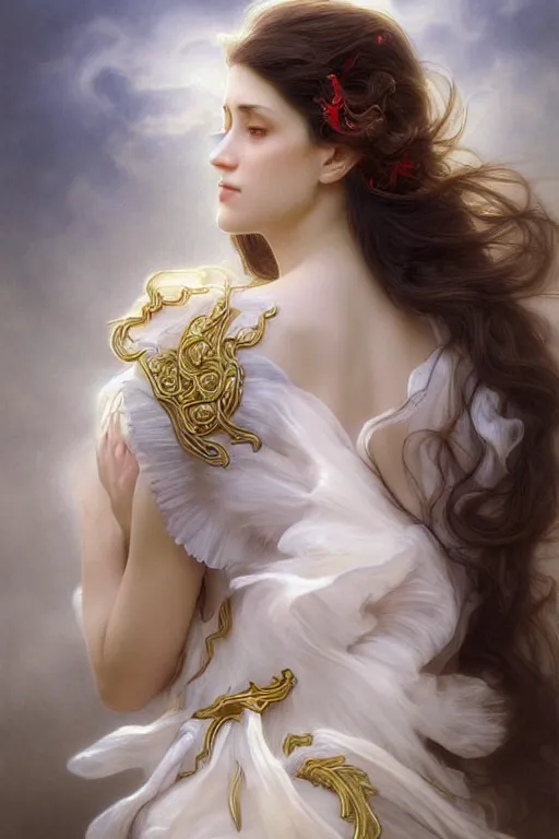 Image similar to portrait of white ghost, dark fantasy, gradient white red grey, dreamy and ethereal, brown eyes, golden ratio, peaceful expression, ornate frilly dress, fantasy, intricate, elegant, clouds and wind, highly detailed, digital painting, artstation, concept art, smooth, b sharp focus, illustration, art by artgerm and greg rutkowski and alphonse mucha