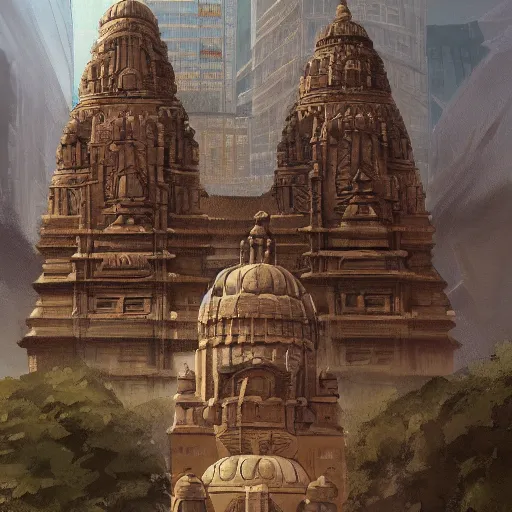 Image similar to hindu influenced architecural painting of a hidden city with a huge statue in the middle, artstation