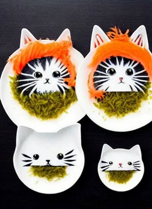 Image similar to clear surrealist painting of adorable cats made from sushi rice, sitting on sushi plates with garnish