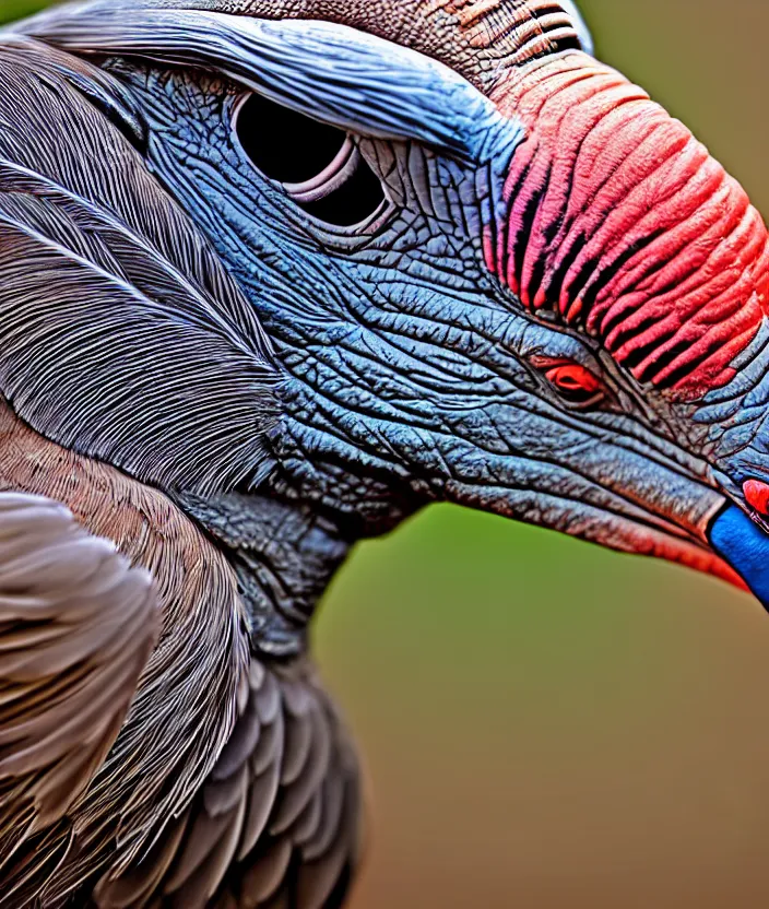 Prompt: a high resolution realistic close up photo portrait of a rhino birdlike creature made of birds merged kangaroo, ork bower bird creature wrinkles pheasant, complex feathers exotic morphing hoopoe, zebra morphing wings king vulture head