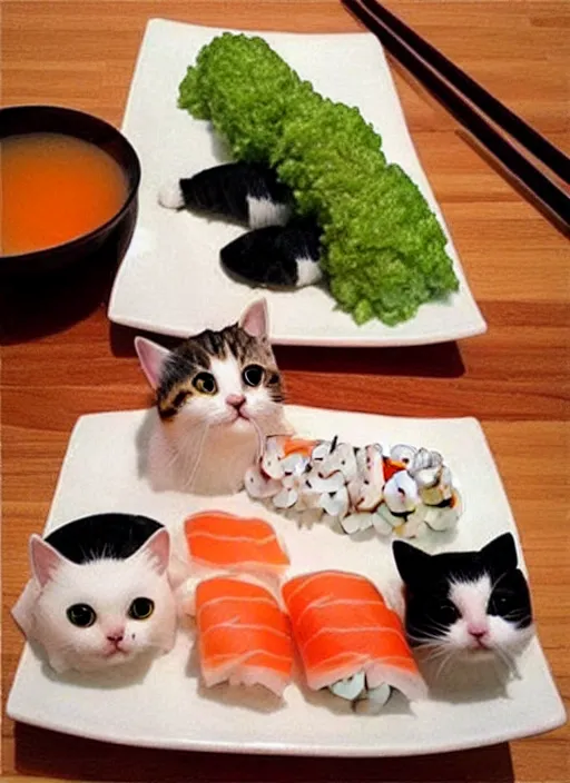 Image similar to clear photorealistic picture of adorable cats made out of sushi