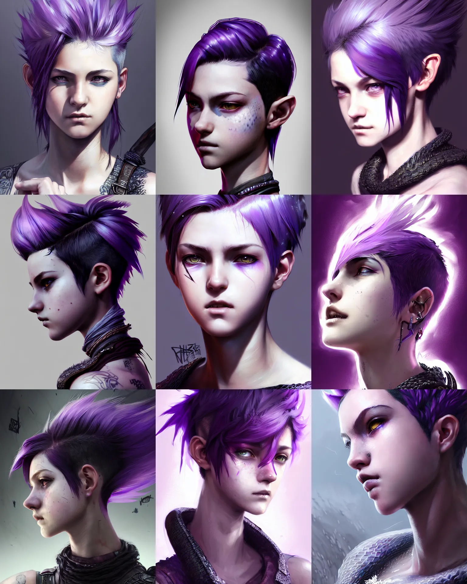 Prompt: Portrait of rugged young adult female, fantasy, pixie undercut hairstyle, black to purple fade hairstyle, dragon scales across hairline, intricate, highly detailed, digital painting, artstation, concept art, sharp focus, art by Akihiko Yoshida, Greg Rutkowski, 4k resolution, nier inspired, graffiti inspired, vibrant but dreary