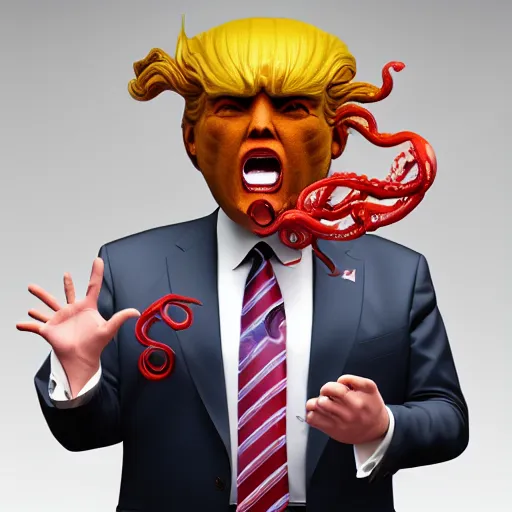 Prompt: Full body photo of Donald Trump, he has a jellyfish-phoenix head\'s and a siren body, some tentacles are touching him, by Tooth Wu, trending on Artstation, digital art, symmetrical artwork, cinematic, hyper realism, high detail, octane render, 4k, 8k