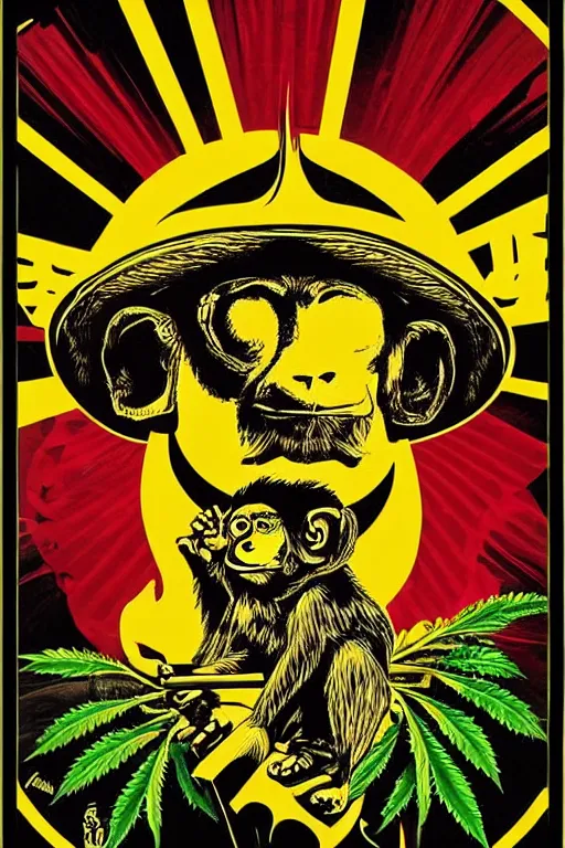 Image similar to Shepard Fairey poster of reggae weed smoking monkey , color, high resolution.