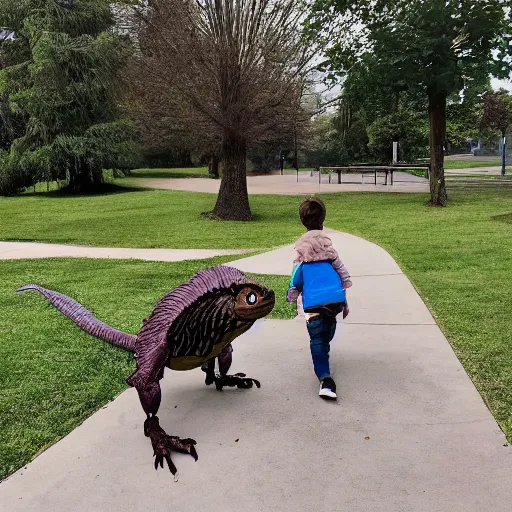 Prompt: a kid at the park walking a velociraptor