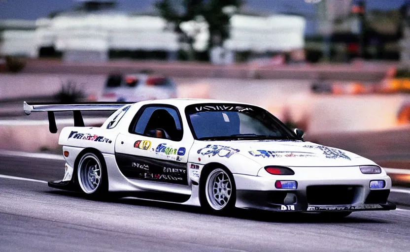 Prompt: 1996 poloid photograph of 1995 FD RX-7 racing on wangan highway noght time japan night time midnight club aesthetic Pinterest