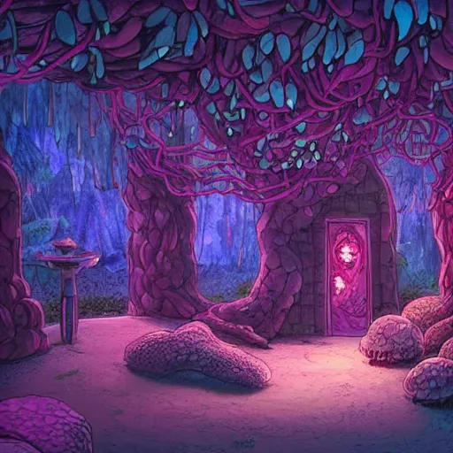 Image similar to concept art painting of a interior of a cozy alien fantasy cottage made of mushrooms and fungus, with black vines and magenta houseplants, blue and magenta light, realistic, detailed, cel shaded, dark, in the style of makoto shinkai and greg rutkowski and james gurney