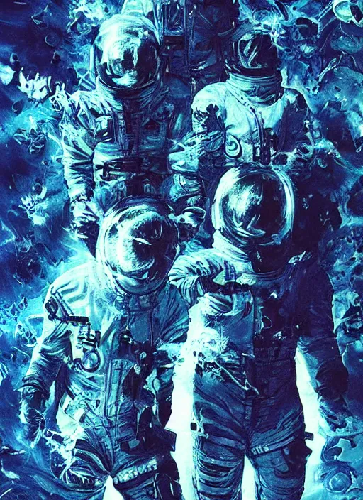 Image similar to astronauts in dark and empty void blue fire poster - complex and hyperdetailed technical suit. reflection and dispersion materials. rays and dispersion of light. volumetric light. 5 0 mm, f / 3 2. noise film photo. flash photography. ultra realistic, wide angle. poster by wayne barlowe, hajime sorayama aaron horkey, craig mullins