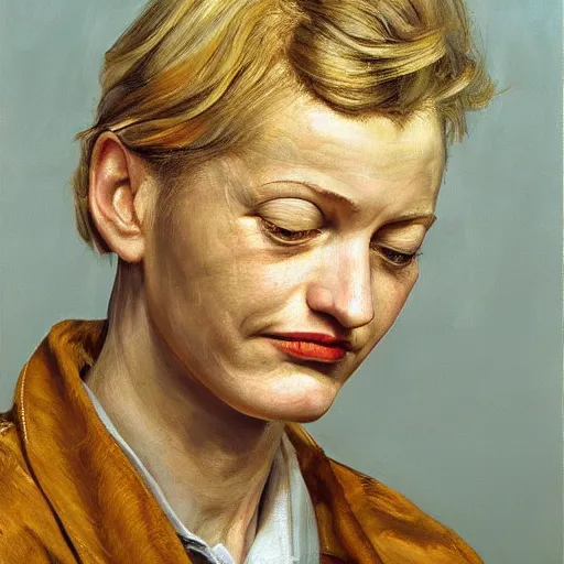 Image similar to high quality high detail painting by lucian freud, hd, portrait of a blonde, photorealistic lighting