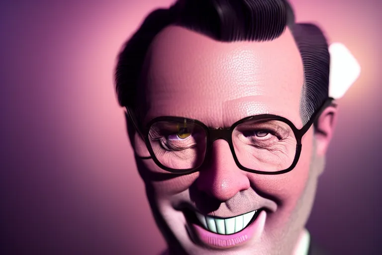 Image similar to an ultra realistic, cinematic headshot portrait of sleazy hollywood agent gary murdoch, smiling, soft light, dreamy, facial features, detailed, deep focus, vaporwave background, movie still, dramatic lighting, ray tracing, by michal karcz and yoshitaka