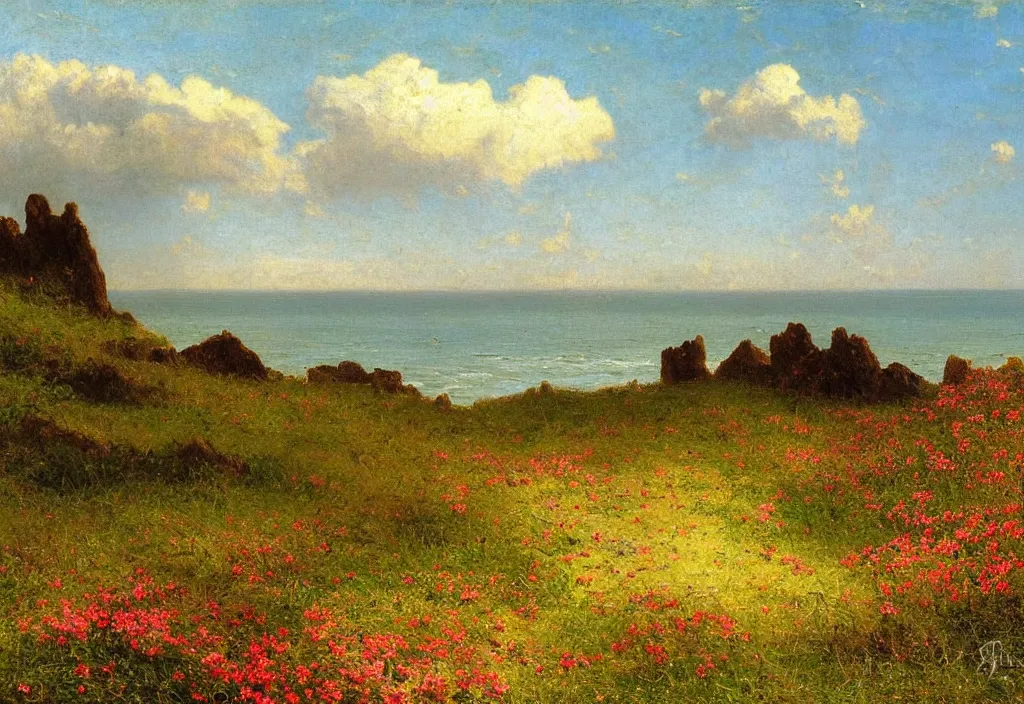 Prompt: a rugged seascape painting of a remote beach, perfect spring day with beautiful white clouds, colorful wildflowers, painting by albert bierstadt, early morning light