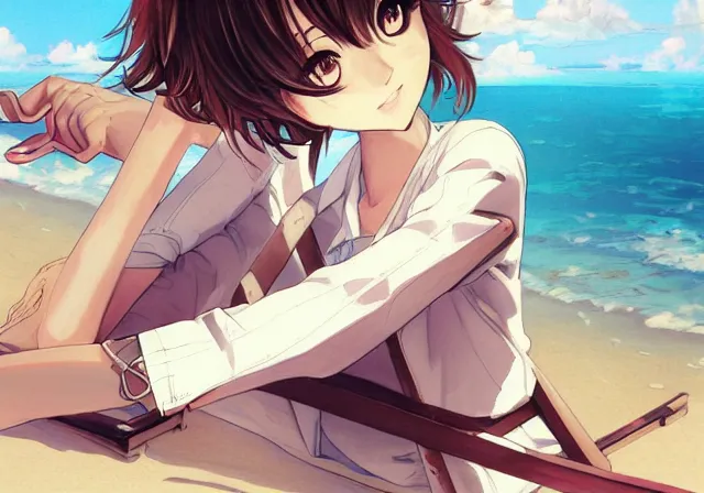 Image similar to A girl with short brown hair, wearing a white blouse, laying on a beach chair, drawn by WLOP, by Avetetsuya Studios, attractive character, colored sketch anime manga panel, trending on Artstation